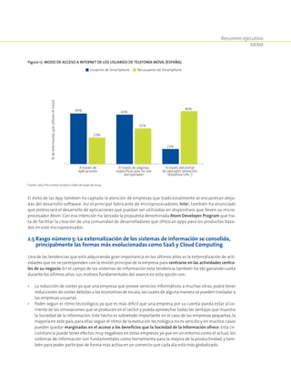 Resumen ejecutivo
XXXIII
El éxito de las App también ha captado la atención de empresas que tradicionalmente se encuentran aleja-
das del desarrollo software. Así el principal fabricante de microprocesadores, Intel, también ha anunciado
que potenciará el desarrollo de aplicaciones que puedan ser utilizadas en dispositivos que lleven su micro-
procesador Atom. Con esa intención ha lanzado la propuesta denominada Atom Developer Program que tra-
ta de facilitar la creación de una comunidad de desarrolladores que ofrezcan apps para los productos basa-
dos en este microprocesador.
2.5 Rasgo número 5: La externalización de los sistemas de información se consolida,
principalmente las formas más evolucionadas como SaaS y Cloud Computing
Una de las tendencias que está adquiriendo gran importancia en los últimos años es la externalización de acti-
vidades que no se corresponden con la misión principal de la empresa para centrarse en las actividades centra-
les de su negocio. En el campo de los sistemas de información esta tendencia también ha ido ganando cuota
durante los últimos años. Los motivos fundamentales del avance en esta opción son:
•	La reducción de costes ya que una empresa que provee servicios informáticos a muchas otras, podrá tener
reducciones de costes debidas a las economías de escala,las cuales de alguna manera se pueden trasladar a
las empresas usuarias.
•	Poder seguir el ritmo tecnológico, ya que es más difícil que una empresa por su cuenta pueda estar al co-
rriente de las innovaciones que se producen en el sector y pueda aprovechar todas las ventajas que muestra
la Sociedad de la Información. Este hecho es sobretodo importante en el caso de las empresas pequeñas, la
mayoría en este país, para ellas seguir el ritmo de la evolución tecnológica no es sencillo y en muchos casos
pueden quedar marginadas en el acceso a los beneficios que la Sociedad de la Información ofrece. Esta cir-
cunstancia puede tener efectos muy negativos en estas empresas ya que en un entorno como el actual, los
sistemas de información son fundamentales como herramienta para la mejora de la productividad, y tam-
bién para poder participar de forma más activa en un comercio que cada día está más globalizado.
Figura 17. Modo de acceso a Internet de los usuarios de Telefonía móvil (España).
44%
23%
43%
31%
46%
13%
A través de
aplicaciones
A través de páginas
específicas que no son
del operador
A través del portal
de operador (emoción,
Vodafone Life…)
%deInternautasqueutilizanelmóvil
Usuarios de Smartphone No usuarios de Smartphone
Fuente: iab y The cocktail analysis. Datos de mayo de 2009.
 