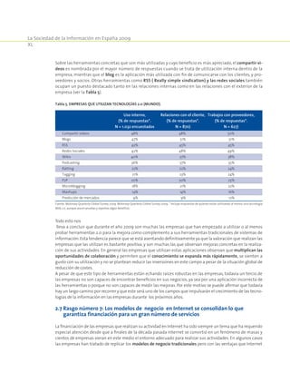 La Sociedad de la Información en España 2009
XL
Sobre las herramientas concretas que son más utilizadas y cuyo beneficio es más apreciado, el compartir ví-
deos es nombrada por el mayor número de respuestas cuando se trata de utilización interna dentro de la
empresa, mientras que el blog es la aplicación más utilizada con fin de comunicarse con los clientes, y pro-
veedores y socios. Otras herramientas como RSS ( Really simple sindication) y las redes sociales también
ocupan un puesto destacado tanto en las relaciones internas como en las relaciones con el exterior de la
empresa (ver la Tabla 5).
Tabla 5. Empresas que utilizan tecnologías 2.0 (Mundo).
	Uso interno, 	Relaciones con el cliente,	 Trabajos con proveedores,
	 (% de respuestas*. 	 (% de respuestas*. 	 (% de respuestas*.
	N = 1.032 encuestados	N = 870)	N = 627)
Compartir vídeos	 48%	 48%	 50%
Blogs	 47%	 51%	 51%
RSS	 42%	 45%	 45%
Redes Sociales	 42%	 48%	 49%
Wikis	 40%	 37%	 38%
Podcasting	 36%	 37%	 35%
Ratting	 22%	 22%	 24%
Tagging	 21%	 23%	 24%
P2P	 20%	 20%	 25%
Microblogging	 18%	 21%	 22%
Mashups	 14%	 14%	 16%
Predicción de mercados	 9%	 9%	 12%
Fuente: Mckinsey Quarterly Global Survey 2009. Mckinsey Quarterly Global Survey 2009. * Incluye respuestas de quienes están utilizando al menos una tecnología
Web 2.0, aunque sea en pruebas y reportan algún beneficio.
Todo esto nos
lleva a concluir que durante el año 2009 son muchas las empresas que han empezado a utilizar o al menos
probar herramientas 2.0 para la mejora como complemento a sus herramientas tradicionales de sistemas de
información. Esta tendencia parece que se está asentando definitivamente ya que la valoración que realizan las
empresas que las utilizan es bastante positiva, y son muchas las que observan mejoras concretas en la realiza-
ción de sus actividades. En general las empresas que utilizan estas aplicaciones observan que multiplican las
oportunidades de colaboración y permiten que el conocimiento se expanda más rápidamente, se sienten a
gusto con su utilización y no se plantean reducir las inversiones en este campo a pesar de la situación global de
reducción de costes.
A pesar de que este tipo de herramientas están echando raíces robustas en las empresas, todavía un tercio de
las empresas no son capaces de encontrar beneficios en sus negocios, ya sea por una aplicación incorrecta de
las herramientas o porque no son capaces de medir las mejoras. Por este motivo se puede afirmar que todavía
hay un largo camino por recorrer y que este será uno de los campos que impulsarán el crecimiento de las tecno-
logías de la información en las empresas durante los próximos años.
2.7 Rasgo número 7: Los modelos de negocio en Internet se consolidan lo que
garantiza financiación para un gran número de servicios
La financiación de las empresas que realizan su actividad en Internet ha sido siempre un tema que ha requerido
especial atención desde que a finales de la década pasada Internet se convirtió en un fenómeno de masas y
cientos de empresas vieran en este medio el entorno adecuado para realizar sus actividades. En algunos casos
las empresas han tratado de replicar los modelos de negocio tradicionales pero con las ventajas que Internet
 