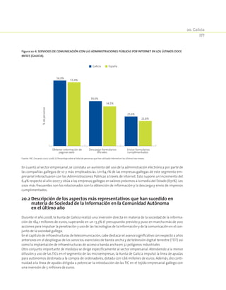 20. Galicia
377
Figura 20‑6. Servicios de comunicación con las Administraciones Públicas por Internet en los últimos doce
meses (Galicia).
56,9%
39,0%
25,6%
55,4%
34,5%
21,8%
Obtener información de
páginas web
Descargar formularios
oficiales
Enviar formularios
cumplimentados
%depersonas
Galicia España
Fuente: INE. Encuesta 2007-2008. (1) Porcentaje sobre el total de personas que han utilizado Internet en los últimos tres meses.
En cuanto al sector empresarial, se constata un aumento del uso de la administración electrónica por parte de
las compañías gallegas de 10 y más empleados/as. Un 64,1% de las empresas gallegas de este segmento em-
presarial interactuaron con las Administraciones Públicas a través de Internet. Esto supone un incremento del
6,4% respecto al año 2007 y sitúa a las empresas gallegas en valores próximos a la media del Estado (67,1%).Los
usos más frecuentes son los relacionados con la obtención de información y la descarga y envío de impresos
cumplimentados.
20.2 Descripción de los aspectos más representativos que han sucedido en
materia de Sociedad de la Información en la Comunidad Autónoma
en el último año
Durante el año 2008, la Xunta de Galicia realizó una inversión directa en materia de la sociedad de la informa-
ción de 184,1 millones de euros, superando en un 13,3% el presupuesto previsto y puso en marcha más de 200
acciones para impulsar la penetración y uso de las tecnologías de la información y de la comunicación en el con-
junto de la sociedad gallega.
En el capítulo de infraestructuras de telecomunicación,cabe destacar el avance significativo con respecto a años
anteriores en el despliegue de los servicios esenciales de banda ancha y de televisión digital terrestre (TDT) así
como la implantación de infraestructuras de acceso a banda ancha en 32 polígonos industriales
Otro conjunto importante de medidas se dirige específicamente al sector empresarial. Atendiendo a la menor
difusión y uso de las TICs en el segmento de las microempresas, la Xunta de Galicia impulsó la línea de ayudas
para autónomos destinada a la compra de ordenadores, dotada con 1,66 millones de euros. Además, dio conti-
nuidad a la línea de ayudas dirigida a potenciar la introducción de las TIC en el tejido empresarial gallego con
una inversión de 5 millones de euros.
 