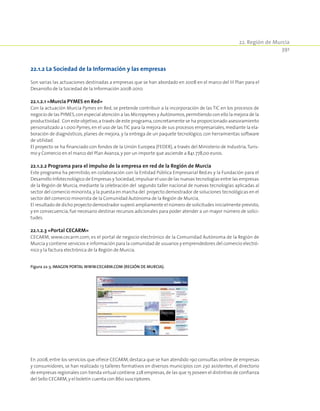 22. Región de Murcia
391
22.1.2 La Sociedad de la Información y las empresas
Son varias las actuaciones destinadas a empresas que se han abordado en 2008 en el marco del III Plan para el
Desarrollo de la Sociedad de la Información 2008-2010.
22.1.2.1 «Murcia PYMES en Red»
Con la actuación Murcia Pymes en Red, se pretende contribuir a la incorporación de las TIC en los procesos de
negocio de las PYMES,con especial atención a las Micropymes y Autónomos,permitiendo con ello la mejora de la
productividad. Con este objetivo,a través de este programa,concretamente se ha proporcionado asesoramiento
personalizado a 1.000 Pymes,en el uso de las TIC para la mejora de sus procesos empresariales,mediante la ela-
boración de diagnósticos, planes de mejora, y la entrega de un paquete tecnológico, con herramientas software
de utilidad.
El proyecto se ha financiado con fondos de la Unión Europea (FEDER), a través del Ministerio de Industria,Turis-
mo y Comercio en el marco del Plan Avanza,y por un importe que asciende a 841.778,00 euros.
22.1.2.2 Programa para el impulso de la empresa en red de la Región de Murcia
Este programa ha permitido, en colaboración con la Entidad Pública Empresarial Red.es y la Fundación para el
Desarrollo Infotecnológico de Empresas y Sociedad,impulsar el uso de las nuevas tecnologías entre las empresas
de la Región de Murcia, mediante la celebración del segundo taller nacional de nuevas tecnologías aplicadas al
sector del comercio minorista,y la puesta en marcha del proyecto demostrador de soluciones tecnológicas en el
sector del comercio minorista de la Comunidad Autónoma de la Región de Murcia,
El resultado de dicho proyecto demostrador superó ampliamente el número de solicitudes inicialmente previsto,
y en consecuencia,fue necesario destinar recursos adicionales para poder atender a un mayor número de solici-
tudes.
22.1.2.3 «Portal CECARM»
CECARM, www.cecarm.com, es el portal de negocio electrónico de la Comunidad Autónoma de la Región de
Murcia y contiene servicios e información para la comunidad de usuarios y emprendedores del comercio electró-
nico y la factura electrónica de la Región de Murcia.
Figura 22‑3. Imagen portal www.cecarm.com (Región de Murcia).
En 2008, entre los servicios que ofrece CECARM, destaca que se han atendido 190 consultas online de empresas
y consumidores, se han realizado 13 talleres formativos en diversos municipios con 230 asistentes, el directorio
de empresas regionales con tienda virtual contiene 228 empresas,de las que 15 poseen el distintivo de confianza
del Sello CECARM,y el boletín cuenta con 860 suscriptores.
 