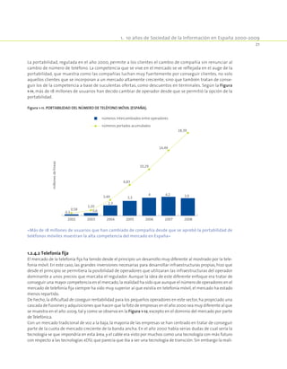 1.  10 años de Sociedad de la Información en España 2000-2009
21
La portabilidad, regulada en el año 2000, permite a los clientes el cambio de compañía sin renunciar al
cambio de número de teléfono. La competencia que se vive en el mercado se ve reflejada en el auge de la
portabilidad, que muestra como las compañías luchan muy fuertemente por conseguir clientes, no solo
aquellos clientes que se incorporan a un mercado altamente creciente, sino que también tratan de conse-
guir los de la competencia a base de suculentas ofertas, como descuentos en terminales. Según la Figura
1-11, más de 18 millones de usuarios han decido cambiar de operador desde que se permitió la opción de la
portabilidad.
Figura 1-11. Portabilidad del número de teléfono móvil (España).
4,2 3,94
3,3
2,3
0,60,3
0,58
1,20
3,49
6,83
10,29
14,49
18,39
2002 2003 2004 2005 2006 20082007
millonesdelíneas
números intercambiados entre operadores
números portados acumulados
«Más de 18 millones de usuarios que han cambiado de compañía desde que se aprobó la portabilidad de
teléfonos móviles muestran la alta competencia del mercado en España»
1.2.4.2 Telefonía fija
El mercado de la telefonía fija ha tenido desde el principio un desarrollo muy diferente al mostrado por la tele-
fonía móvil. En este caso, las grandes inversiones necesarias para desarrollar infraestructuras propias, hizo que
desde el principio se permitiera la posibilidad de operadores que utilizaran las infraestructuras del operador
dominante a unos precios que marcaba el regulador. Aunque la idea de este diferente enfoque era tratar de
conseguir una mayor competencia en el mercado,la realidad ha sido que aunque el número de operadores en el
mercado de telefonía fija siempre ha sido muy superior al que existía en telefonía móvil, el mercado ha estado
menos repartido.
De hecho, la dificultad de coseguir rentabilidad para los pequeños operadores en este sector, ha propiciado una
cascada de fusiones y adquisiciones que hacen que la foto de empresas en el año 2000 sea muy diferente al que
se muestra en el año 2009, tal y como se observa en la Figura 1-12, excepto en el dominio del mercado por parte
de Telefónica.
Con un mercado tradicional de voz a la baja, la mayoría de las empresas se han centrado en tratar de conseguir
parte de la cuota de mercado creciente de la banda ancha. En el año 2000 había serias dudas de cual sería la
tecnología se que impondría en esta área, y el cable era visto por muchos como una tecnología con más futuro
con respecto a las tecnologías xDSL que parecía que iba a ser una tecnología de transción. Sin embargo la reali-
 