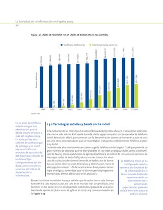La Sociedad de la Información en España 2009
30
1.3.2 Tecnologías móviles y banda ancha móvil
Si la evolución de las redes fijas ha sido continua durante estos años,en el caso de las redes mó-
viles no ha sido inferior. En España durante el año 1999 irrumpió el tercer operador de telefonía
móvil, Retevisión Móvil, que comenzó con la denominación comercial «Amena», y que se unía
así a los otros dos operadores que se encontraban trabajando anteriormente:Telefónica Móvi-
les y Airtel.
Durante este año se encuentra en pleno auge la telefonía móvil digital GSM que permite un
gran número de servicios que no eran posibles en las redes analógicas tales como la transmi-
sión de faxes y datos a 9.600 bps, la agenda electrónica, el control de consumo, los servicios de
mensajes cortos de texto SMS y de correo electrónico, los servi-
cios de ocultación de número llamante,de restricción de llama-
das así como el servicio de itinerancia y terminación. Ya en el
año 1999 tan solo un 12 % de las estaciones base poseen tecno-
logía analógica, porcentaje que irá disminuyendo progresiva-
mente hasta el final del servicio en el año 2003.
Respecto a datos mundiales hay que señalar que la evolución en este tiempo
también ha sido espectacular, no solo en el mundo más desarrollado, sino
también en los países en vías de desarrollo, habiéndose pasado de una pene-
tración de apenas el 5% en 2000 al 45% en el 2007 tal y como se muestra en
la Figura 1-23.
Figura 1-21. Líneas de telefonía fija vs líneas de banda ancha fija (España).
16.700.000
17.104.000
17.531.000
17.640.745
17.759.164
17.934.477
19.460.832
19.865.037
20.192.505
20.277.881
20.112.163
64.724
540.511
1.247.496
2.121.930
3.401.411
5.035.203
6.690.042
8.055.828
9.135.751
9.547.286
1999 2000 2001 2002 2003 2004 2005 2006 2007 2008 2T 2009
Númerodelíneas
Total líneas telefonía fija Total líneas banda ancha fija
Fuente: CMT.
En 10 años la telefonía
móvil consigue una
penetración que va
desde el 50% en 2000 a
más del 109%en 2009.
En 2005 ya hay más
clientes de contrato que
de prepago y en 2008
hay más tráfico en
minutos de voz a través
del móvil que a través de
las líneas fijas
configurándose así, sin
duda, como uno de los
servicios estrella de la
Sociedad de la
Información.
La telefonía móvil se ha
configurado como la
ventana a la Sociedad de
la información en el
tercer mundo habiendo
experimentado un
crecimiento de la
penetración
espectacular, pasando
del 5% en el año 2000 al
45% en el 2007.
 