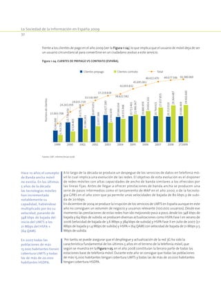 La Sociedad de la Información en España 2009
32
frente a los clientes de pago en el año 2009 (ver la Figura 1-24),lo que implica que el usuario de móvil deja de ser
un usuario circunstancial para convertirse en un ciudadano asiduo a este servicio.
Figura 1-24. Clientes de prepago vs contrato (España).
9.240.000
15.736.656
19.271.468
20.873.651
21.627.180
20.066.634
20.713.465
20.880.959
20.764.615
5.763.708
8.528.403
10.384.261
12.657.346
15.592.659
18.555.948
21.980.367
24.814.102
27.657.855
20.313.019
29.364.487
20.686.469
29.693.600
15.003.708
24.265.059
29.655.729
33.530.997
37.219.839
38.622.582
42.693.832
45.695.061
48.422.470 49.677.506 50.380.069
1999 2000 2001 2002 2003 2004 2005 2006 2007 2008 2T2009
Númerodeclientes
Clientes prepago Clientes contrato Total
Fuente: CMT, Informe Anual 2008.
A lo largo de la década se produce un despegue de los servicios de datos en telefonía mó-
vil lo cual implica una evolución de las redes. El objetivo de esta evolución es el disponer
de redes móviles con altas capacidades de ancho de banda similares a los ofrecidos por
las líneas fijas. Antes de llegar a ofrecer prestaciones de banda ancha se producen una
serie de pasos intermedios como el lanzamiento de WAP en el año 2000, o de la tecnolo-
gía GPRS en el año 2001 que ya permite unas velocidades de bajada de 80 kbps y de subi-
da de 20 kbps.
En diciembre de 2004 se produce la irrupción de los servicios de UMTS en España aunque en este
año no consiguen un volumen de negocio y usuarios relevante (100.000 usuarios). Desde ese
momento las prestaciones de estas redes han ido mejorando poco a poco, desde los 348 kbps de
bajada y 64 kbps de subida,se producen diversas actualizaciones como HSPA Fase I en verano de
2006 (velocidad de bajada de 3,6 Mbps y 384 kbps de subida) y HSPA Fase II en Julio de 2007 (7,1
Mbps de bajada y 1,4 Mbps de subida) y HSPA + (64 QAM) con velocidad de bajada de 21 Mbps y 5
Mbps de subida.
Por tanto, se puede asegurar que el despliegue y actualización de la red 3G ha sido la
característica fundamental de los últimos 5 años en el terreno de la telefonía móvil, que
según se muestra en la Figura 1-25, en el año 2008 constituían la tercera parte de todas las
estaciones base de telefonía móvil. Durante este año se consigue que todas las poblaciones
de más 15.000 habitantes tengan cobertura UMTS y todas las de más de 20.000 habitantes
tengan cobertura HSDPA.
Hace 10 años el concepto
de Banda ancha móvil
no existía. En los últimos
5 años de la década
las tecnologías móviles
han incrementado
notablemente su
capadidad, habiéndose
multiplicado por 60 su
velocidad, pasando de
348 kbps de bajada del
inicio del UMTS a los
21 Mbps del HSPA +
(64 QAM).
En 2007 todas las
poblaciones de más
15.000 habitantes tienen
cobertura UMTS y todas
las de más de 20.000
habitantes HSDPA.
 