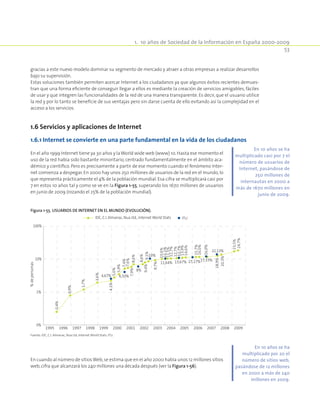 1.  10 años de Sociedad de la Información en España 2000-2009
53
gracias a este nuevo modelo dominar su segmento de mercado y atraer a otras empresas a realizar desarrollos
bajo su supervisión.
Estas soluciones también permiten acercar Internet a los ciudadanos ya que algunos éxitos recientes demues-
tran que una forma eficiente de conseguir llegar a ellos es mediante la creación de servicios amigables, fáciles
de usar y que integren las funcionalidades de la red de una manera transparente. Es decir, que el usuario utilice
la red y por lo tanto se beneficie de sus ventajas pero sin darse cuenta de ello evitando así la complejidad en el
acceso a los servicios.
1.6 Servicios y aplicaciones de Internet
1.6.1 Internet se convierte en una parte fundamental en la vida de los ciudadanos
En el año 1999 Internet tiene ya 30 años y laWorld wide web (www) 10.Hasta ese momento el
uso de la red había sido bastante minoritario, centrado fundamentalmente en el ámbito aca-
démico y científico. Pero es precisamente a partir de ese momento cuando el fenómeno Inter-
net comienza a despegar.En 2000 hay unos 250 millones de usuarios de la red en el mundo,lo
que representa prácticamente el 4% de la población mundial. Esa cifra se multiplicará casi por
7 en estos 10 años tal y como se ve en la Figura 1-55, superando los 1670 millones de usuarios
en junio de 2009 (rozando el 25% de la población mundial).
Figura 1-55. Usuarios de Internet en el mundo (evolución).
0%
1%
10%
100%
0,4%
0,9%
1,7%
3,6%
4,1%
5,0%
5,9%
7,4%
7,6%
7,9%8,6%
8,6%
9,1%9,4%
9,7%
10,6%
11,1%
11,5%
11,7%
12,7%
12,7%
13,9%
14,6%
15,7%
16,0%
16,0%
18,9%
20,3%
23,5%
24,7%
4,67% 6,50%
8%
10%
11,64% 13,67% 15,17%17,33%
22,13%
1995 1996 1997 1998 1999 2000 2001 2002 2003 2004 2005 2006 2007 2008 2009
%depersonas
IDC, C.I. Almanac, Nua Ltd., Internet World Stats ITU
Fuente: IDC, C.I. Almanac, Nua Ltd, Internet World Stats, ITU.
En cuando al número de sitiosWeb,se estima que en el año 2000 había unos 12 millones sitios
web,cifra que alcanzará los 240 millones una década después (ver la Figura 1-56).
En 10 años se ha
multiplicado casi por 7 el
número de usuarios de
Internet, pasándose de
250 millones de
internautas en 2000 a
más de 1670 millones en
junio de 2009.
En 10 años se ha
multiplicado por 20 el
número de sitios web,
pasándose de 12 millones
en 2000 a más de 240
millones en 2009.
 
