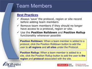 Team Members
Best Practices
 Always ‘save’ the protocol, region or site record
before adding team members
 Remove team members if they should no longer
have access to a protocol, region or site.
 Use the Position Rolldown and Position Rollup
functionality whenever possible
Position Rolldown: When a team member is added to a
protocol, click the Position Rolldown button to add the
user to all regions and all sites under the Protocol.
Position Rollup: When a team member is added to a
site, click the Position Rollup button to add the user to the
region and protocol associated with the site.
 