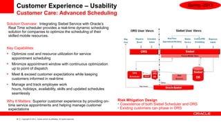Customer Experience – Usability                                                                                    Spring -2013
       Customer Care: Advanced Scheduling
Solution Overview: Integrating Siebel Service with Oracle’s
 Real Time scheduler provides a real-time dynamic scheduling
 solution for companies to optimize the scheduling of their
 skilled mobile resources.


Key Capabilities:
• Optimize cost and resource utilization for service
    appointment scheduling
• Minimize appointment window with continuous optimization
    up to point of dispatch
• Meet & exceed customer expectations while keeping
    customers informed in real-time
•   Manage and track employee work
    hours, holidays, availability, skills and updated schedules
    seamlessly

Why It Matters: Superior customer experience by providing on-                     Risk Mitigation Design
time service appointments and helping manage customer                             • Coexistence of both Siebel Scheduler and ORS
expectations                                                                      • Existing customers can phase in ORS

      16   Copyright © 2013, Oracle and/or its affiliates. All rights reserved.
 