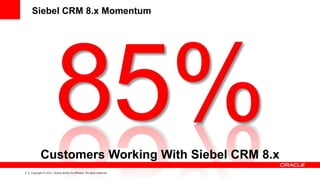 Siebel CRM 8.x Momentum




            Customers Working With Siebel CRM 8.x
2   Copyright © 2013, Oracle and/or its affiliates. All rights reserved.
 