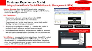 Customer Experience - Social                                                                                      Spring -2013
     Integration to Oracle Social Relationship Management (SRM)
                                                                                                         Contact Social Profiles enhance
Solution Overview: Basic Siebel CRM social media integration                                                   customers 360 view
 framework for integration with Oracle Social Engagement & Monitoring
 and Social Marketing cloud services.
Key Capabilities:
•   Match social authors to existing contact within CRM                                                      Contact
    system, create activities to record interactions.
•   Engage customers on the social channel from a single unified                                   Contact Social Profiles
    Desktop interface for improved interaction
•   Monitoring consumer trends allows for cross-sell and up-sell of              Social Profile Attributes         Social Profile Interactions
    products through call center and self-service channels
•   Monitor sentiments and react directly through the social channels                                 Service Request creation from social
                                                                                                            media posts in Oracle SEM
    reaching the complete sphere of influence that the consumer has.


Why It Matters: Leverage the leading capabilities of Oracle SRM product
 services with Siebel CRM for Service and Marketing use cases. Full
 service offering for the social media channel. Create leads from social
 media and manage social media campaigns within Siebel CRM. Expand
 customer 360 with Contact Social Profiles.


     23   Copyright © 2013, Oracle and/or its affiliates. All rights reserved.
 