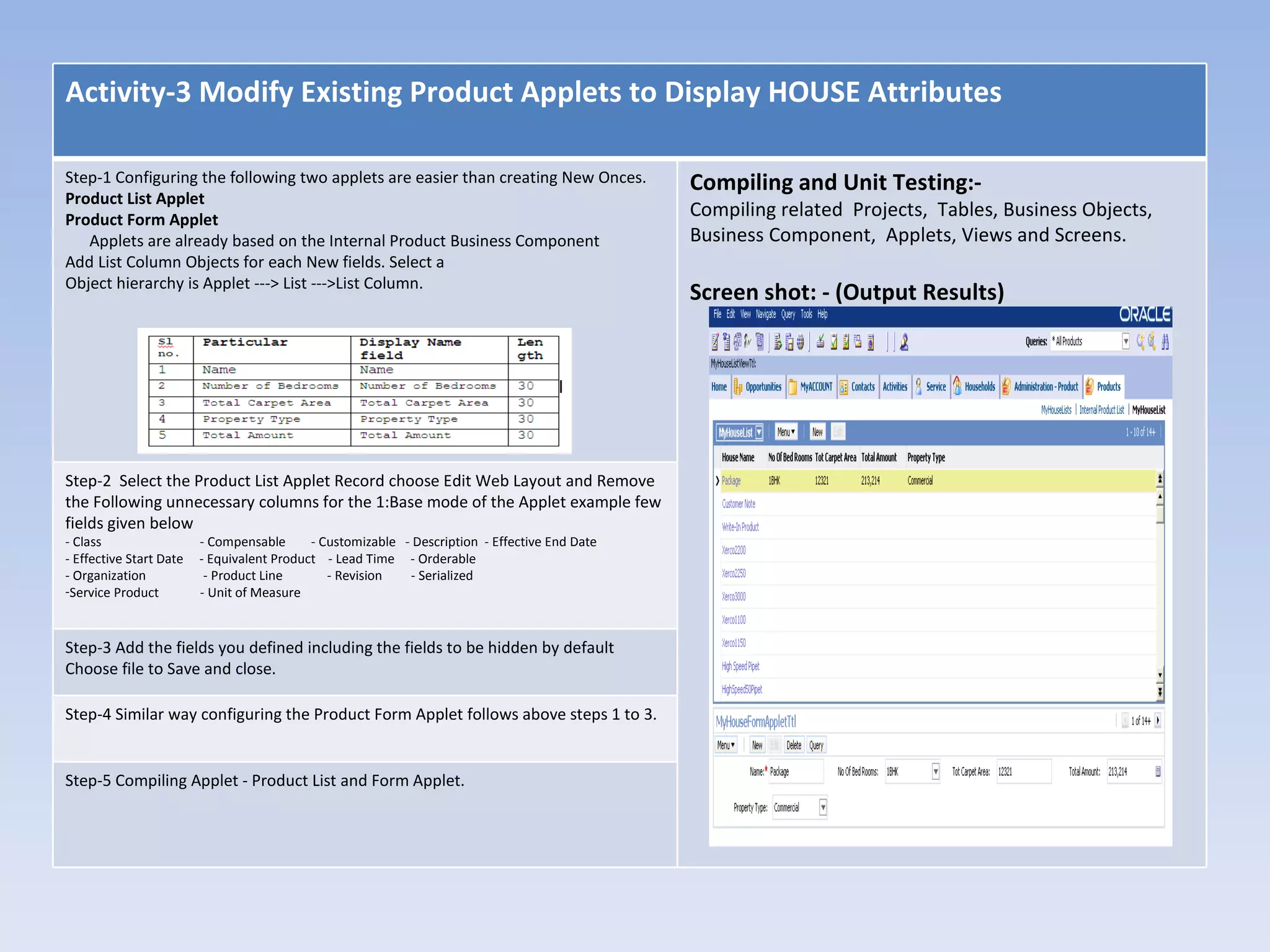 Activity-3 Modify Existing Product Applets to Display HOUSE Attributes

Step-1 Configuring the following two applets are easier than creating New Onces.                Compiling and Unit Testing:-
Product List Applet
Product Form Applet
                                                                                                Compiling related Projects, Tables, Business Objects,
   Applets are already based on the Internal Product Business Component                         Business Component, Applets, Views and Screens.
Add List Column Objects for each New fields. Select a
Object hierarchy is Applet ---> List --->List Column.
                                                                                                Screen shot: - (Output Results)




Step-2 Select the Product List Applet Record choose Edit Web Layout and Remove
the Following unnecessary columns for the 1:Base mode of the Applet example few
fields given below
- Class                  - Compensable      - Customizable - Description - Effective End Date
- Effective Start Date   - Equivalent Product - Lead Time - Orderable
- Organization            - Product Line       - Revision   - Serialized
-Service Product         - Unit of Measure


Step-3 Add the fields you defined including the fields to be hidden by default
Choose file to Save and close.

Step-4 Similar way configuring the Product Form Applet follows above steps 1 to 3.


Step-5 Compiling Applet - Product List and Form Applet.
 