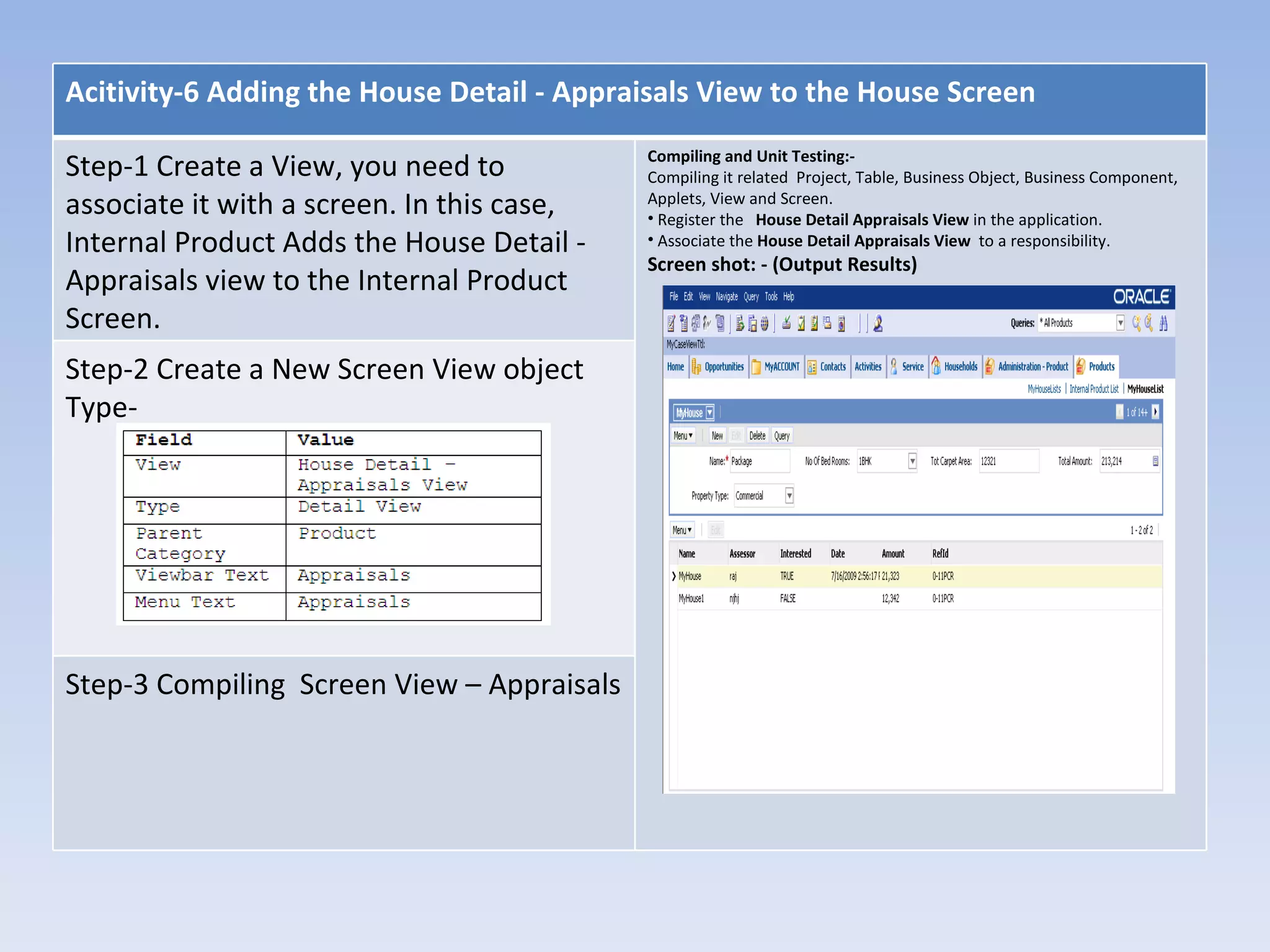Acitivity-6 Adding the House Detail - Appraisals View to the House Screen
                                            Compiling and Unit Testing:-
Step-1 Create a View, you need to           Compiling it related Project, Table, Business Object, Business Component,
associate it with a screen. In this case,   Applets, View and Screen.
                                            • Register the House Detail Appraisals View in the application.
Internal Product Adds the House Detail -    • Associate the House Detail Appraisals View to a responsibility.
                                            Screen shot: - (Output Results)
Appraisals view to the Internal Product
Screen.
Step-2 Create a New Screen View object
Type-




Step-3 Compiling Screen View – Appraisals
 