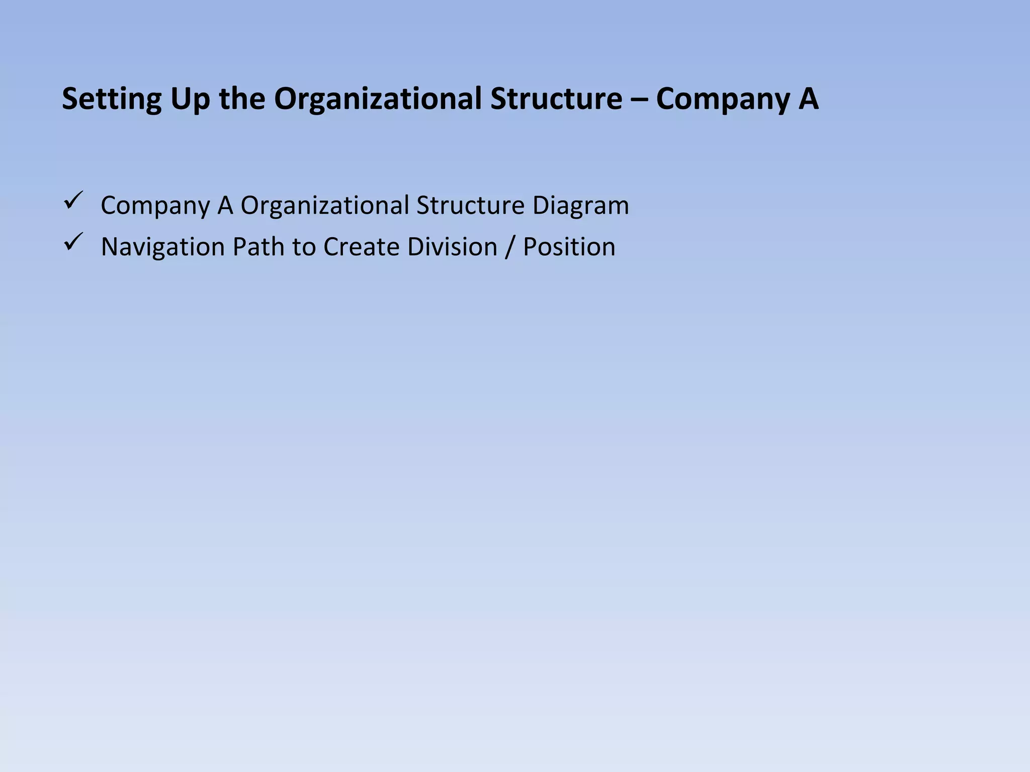 Setting Up the Organizational Structure – Company A


 Company A Organizational Structure Diagram
 Navigation Path to Create Division / Position
 