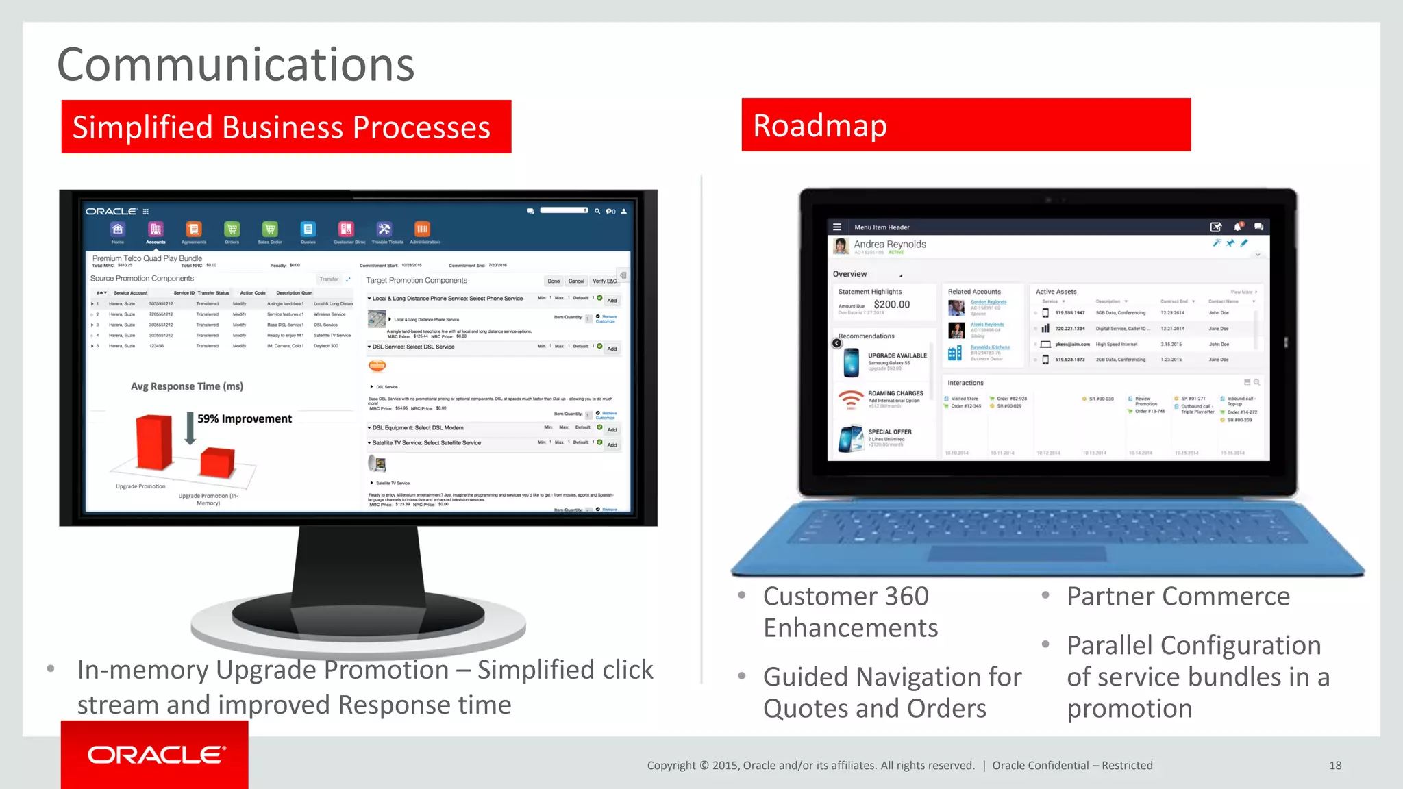 Copyright © 2015, Oracle and/or its affiliates. All rights reserved. | 18
Communications
Simplified Business Processes
• In-memory Upgrade Promotion – Simplified click
stream and improved Response time
Roadmap
• Customer 360
Enhancements
• Guided Navigation for
Quotes and Orders
• Partner Commerce
• Parallel Configuration
of service bundles in a
promotion
Oracle Confidential – Restricted
 