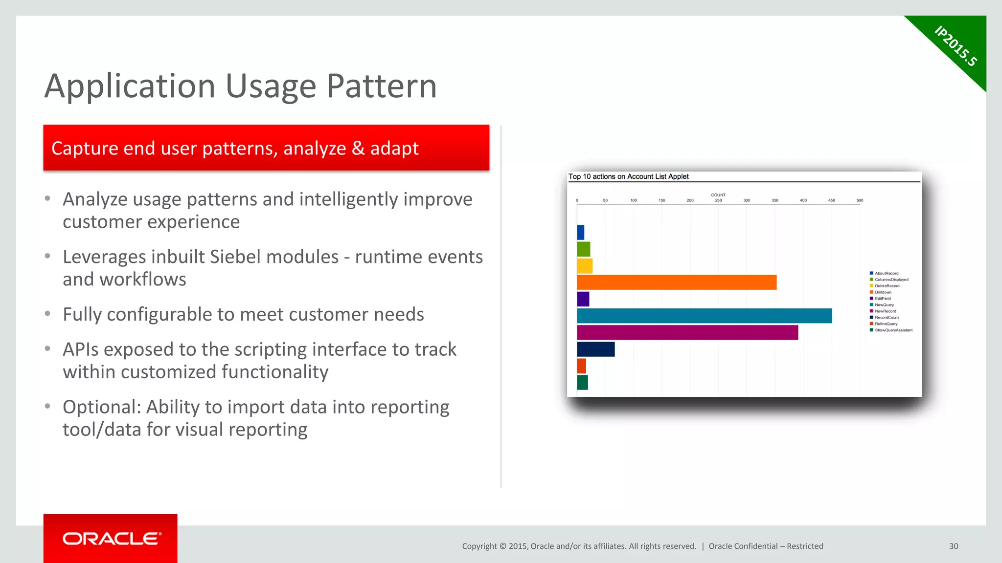 Copyright © 2015, Oracle and/or its affiliates. All rights reserved. |
• Analyze usage patterns and intelligently improve
customer experience
• Leverages inbuilt Siebel modules - runtime events
and workflows
• Fully configurable to meet customer needs
• APIs exposed to the scripting interface to track
within customized functionality
• Optional: Ability to import data into reporting
tool/data for visual reporting
30
Application Usage Pattern
Capture end user patterns, analyze & adapt
Oracle Confidential – Restricted
 