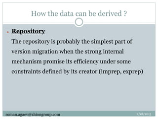 How the data can be derived ?
 Repository
The repository is probably the simplest part of
version migration when the strong internal
mechanism promise its efficiency under some
constraints defined by its creator (imprep, exprep)
2/18/2015roman.agaev@zhiongroup.com
 