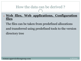 How the data can be derived ?
 Web files, Web applications, Configuration
files
The files can be taken from predefined allocations
and transferred using predefined tools to the version
directory tree
2/18/2015roman.agaev@zhiongroup.com
 