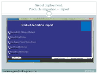 Siebel deployment.
Products migration - import
2/18/2015roman.agaev@zhiongroup.com
 