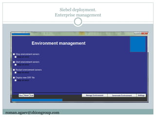Siebel deployment.
Enterprise management
roman.agaev@zhiongroup.com
 