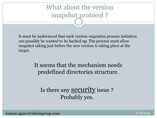 What about the version
snapshot protocol ?
It seems that the mechanism needs
predefined directories structure.
Is there any security issue ?
Probably yes.
It must be understood that each version migration process initiation
can possibly be wanted to be backed up. The process must allow
snapshot taking just before the new version is taking place at the
target.
2/18/2015roman.agaev@zhiongroup.com
 