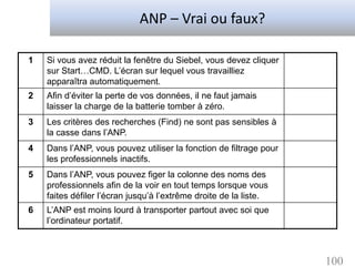 ANP – Vrai ou faux?

1   Si vous avez réduit la fenêtre du Siebel, vous devez cliquer
    sur Start…CMD. L’écran sur lequel vous travailliez
    apparaîtra automatiquement.
2   Afin d’éviter la perte de vos données, il ne faut jamais
    laisser la charge de la batterie tomber à zéro.
3   Les critères des recherches (Find) ne sont pas sensibles à
    la casse dans l’ANP.
4   Dans l’ANP, vous pouvez utiliser la fonction de filtrage pour
    les professionnels inactifs.
5   Dans l’ANP, vous pouvez figer la colonne des noms des
    professionnels afin de la voir en tout temps lorsque vous
    faites défiler l’écran jusqu’à l’extrême droite de la liste.
6   L’ANP est moins lourd à transporter partout avec soi que
    l’ordinateur portatif.



                                                                    100
 