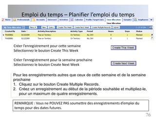 Emploi du temps – Planifier l’emploi du temps




Créer l’enregistrement pour cette semaine
Sélectionnez le bouton Create This Week

Créer l’enregistrement pour la semaine prochaine
Sélectionnez le bouton Create Next Week

Pour les enregistrements autres que ceux de cette semaine et de la semaine
prochaine
1. Cliquez sur le bouton Create Multiple Records.
2. Créez un enregistrement au début de la période souhaitée et multipliez-le,
   pour un maximum de quatre enregistrements.

REMARQUE : Vous ne POUVEZ PAS soumettre des enregistrements d’emploi du
temps pour des dates futures.
                                                                            76
 