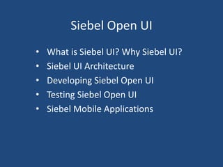 Siebel Open UI 
• What is Siebel UI? Why Siebel UI? 
• Siebel UI Architecture 
• Developing Siebel Open UI 
• Testing Siebel Open UI 
• Siebel Mobile Applications 
 