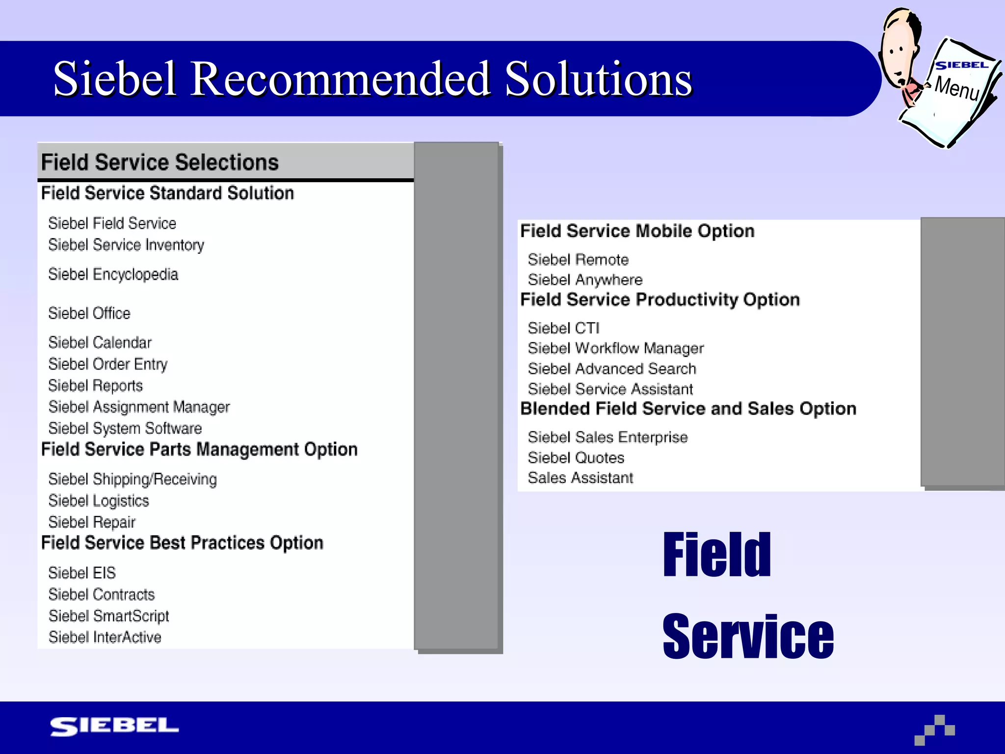 Siebel Recommended Solutions Field Service Menu 