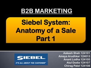 B2B MARKETING

Siebel System:
Anatomy of a Sale
Part 1
Aakash Shah 124101
Ameya Arudhkar 124013
Anant Lodha 124105
Atul Dodia 124107
Chirag Patel 124108

 