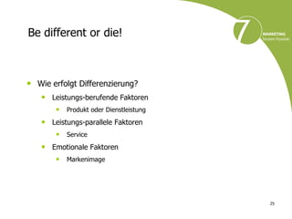 Be different or die!



• Wie erfolgt Differenzierung?
   • Leistungs-berufende Faktoren
       • Produkt oder Dienstleistung
   • Leistungs-parallele Faktoren
       • Service
   • Emotionale Faktoren
       • Markenimage




                                       25
 