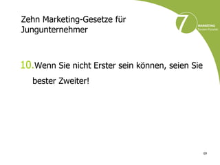 Zehn Marketing-Gesetze für
Jungunternehmer



10.Wenn Sie nicht Erster sein können, seien Sie
   bester Zweiter!




                                                  69
 