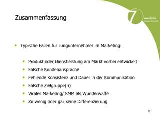 Zusammenfassung



• Typische Fallen für Jungunternehmer im Marketing:


   •   Produkt oder Dienstleistung am Markt vorbei entwickelt
   •   Falsche Kundenansprache
   •   Fehlende Konsistenz und Dauer in der Kommunikation
   •   Falsche Zielgruppe(n)
   •   Virales Marketing/ SMM als Wunderwaffe
   •   Zu wenig oder gar keine Differenzierung

                                                                72
 