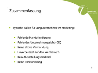 Zusammenfassung



• Typische Fallen für Jungunternehmer im Marketing:


   •   Fehlende Marktorientierung
   •   Fehlendes Unternehmergesicht (CD)
   •   Keine aktive Vermarktung
   •   Unvorbereitet auf den Wettbewerb
   •   Kein Alleinstellungsmerkmal
   •   Keine Positionierung

                                                      73
 