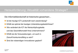Herausforderung: Aktualität vorhandene Strategie?

Die Informatiklandschaft ist historische gewachsen...
 Ist die heutige ICT-Landschaft noch zweckmässig?
 Erfüllt sie optimal die heutigen Unterstützungsbedürfnisse?
 Wie verändert die ICT die Wertschöpfungskette
    und das Geschäftsmodell Ihres Unternehmens?
 Erfüllt sie die Voraussetzungen, um auch in
    Zukunft konkurrenzfähig zu sein?
 Sind die notwendigen Innovationen geplant?



01.02.2013
Seite 13
                                                                ©
 