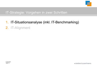IT-Strategie: Vorgehen in zwei Schritten

1. IT-Situationsanalyse (inkl. IT-Benchmarking)
2. IT-Alignment




01.02.2013
Seite 15
                                            ©
 