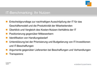 IT-Benchmarking: Ihr Nutzen

 Entscheidgrundlage zur nachhaltigen Ausschöpfung der IT für das
       Geschäftsmodell und die Produktivität der Mitarbeitenden
 Überblick und Vergleich des Kosten-Nutzen-Verhältnis der IT
 Positionierung gegenüber Mitbewerbern
 Identifikation von Handlungsbedarf
 Unterstützung bei der Priorisierung und Budgetierung von IT-Investitionen
       und IT-Beschaffungen
 Argumente gegenüber Lieferanten bei Beschaffungen und Verhandlungen
 Transparenz


01.02.2013
Seite 8
                                                                  ©
 