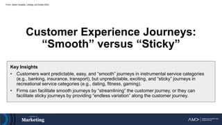 From: Siebert, Gopaldas, Lindridge, and Simões (2020)
Customer Experience Journeys:
“Smooth” versus “Sticky”
Key Insights
• Customers want predictable, easy, and “smooth” journeys in instrumental service categories
(e.g., banking, insurance, transport), but unpredictable, exciting, and “sticky” journeys in
recreational service categories (e.g., dating, fitness, gaming).
• Firms can facilitate smooth journeys by “streamlining” the customer journey, or they can
facilitate sticky journeys by providing “endless variation” along the customer journey.
 