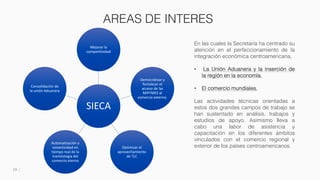 AREAS DE INTERES
19
En las cuales la Secretaría ha centrado su
atención en el perfeccionamiento de la
integración económica centroamericana,
• La Unión Aduanera y la inserción de
la región en la economía.
• El comercio mundiales.
Las actividades técnicas orientadas a
estos dos grandes campos de trabajo se
han sustentado en análisis, trabajos y
estudios de apoyo. Asimismo lleva a
cabo una labor de asistencia y
capacitación en los diferentes ámbitos
vinculados con el comercio regional y
exterior de los países centroamericanos.
SIECA
Mejorar la
competitividad
Democratizar y
fortalecer el
acceso de las
MIPYMES al
comercio externo.
Optimizar el
aprovechamiento
de TLC
Automatización y
conectividad en
tiempo real de la
tramitología del
comercio eterno
Consolidación de
la unión Aduanera
 