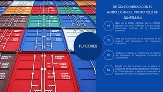 01
Velar, en el ámbito regional, por la correcta
aplicación de dicho Protocolo y de los demás
instrumentos jurídicos de la integración
económica.
DE CONFORMIDAD CON EL
ARTÍCULO 44 DEL PROTOCOLO DE
GUATEMALA
02
Velar por la ejecución de las decisiones de los
órganos del Subsistema de Integración
Económica.
03
Realizar los trabajos y estudios que los órganos
del Subsistema de Integración Económica le
encomienden.
04
Cumplir con las funciones que le asigne el
Consejo de Ministros de Integración Económica o
su Comité Ejecutivo; y Ejercer su capacidad de
propuesta en materia de integración económica.
 