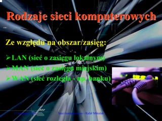 Rodzaje sieci komputerowych

Ze względu na obszar/zasięg:
 LAN (sieć o zasięgu lokalnym)
 MAN (sieć o zasięgu miejskim)
 WAN (sieć rozległa - np. banku)



  17 listopada 2005   Sieci komputerowe - Rafał Mikulak   3
 