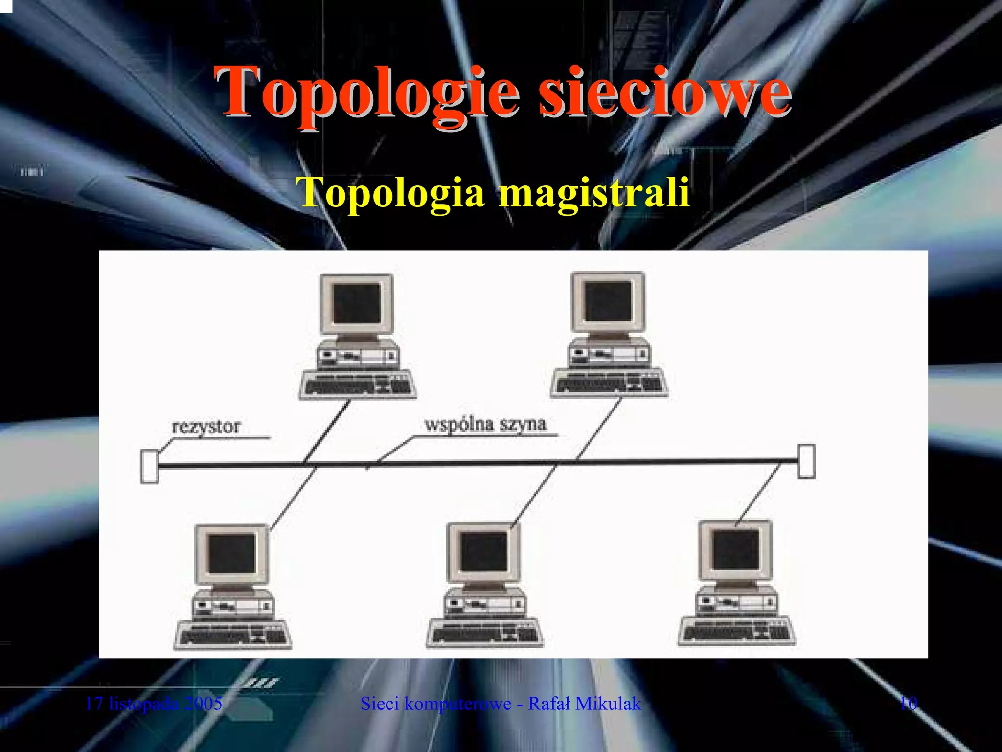 Topologie sieciowe
                    Topologia magistrali




17 listopada 2005      Sieci komputerowe - Rafał Mikulak   10
 