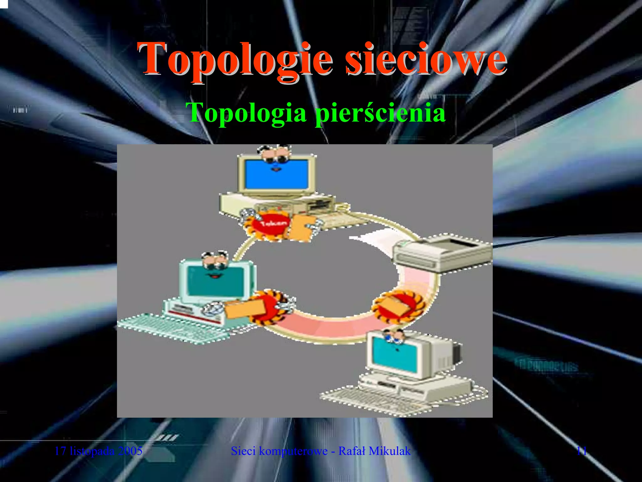 Topologie sieciowe
                    Topologia pierścienia




17 listopada 2005      Sieci komputerowe - Rafał Mikulak   11
 