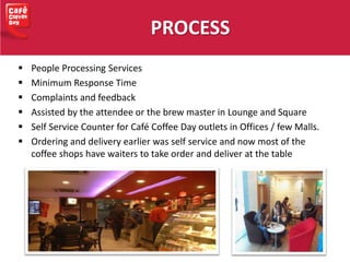PROCESS
 People Processing Services
 Minimum Response Time
 Complaints and feedback
 Assisted by the attendee or the brew master in Lounge and Square
 Self Service Counter for Café Coffee Day outlets in Offices / few Malls.
 Ordering and delivery earlier was self service and now most of the
coffee shops have waiters to take order and deliver at the table
 