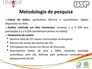 Metodologia de pesquisa
o Coleta de dados: qualitativos (fóruns) e quantitativos (dados
disponíveis no AVA).
o Análise realizada em dois momentos: semanas 1 a 4 (OA sem
pontuação) e 5 a 9 (OA contabilizam pontos na média).
o Parâmetros da análise
 • Número total de 157 alunos matriculados na disciplina;
 • Número de acesso dos alunos aos OA;
 • Participação dos alunos nos fóruns de discussão;
 • Desempenho (nota), de zero a 100%, conforme avaliação
    automática, pelo OA, definida pelo professor conteudista no
    planejamento do OA.
 
