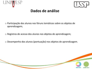 Dados de análise

o Participação dos alunos nos fóruns temáticos sobre os objetos de
  aprendizagem;

o Registros de acesso dos alunos nos objetos de aprendizagem;

o Desempenho dos alunos (pontuação) nos objetos de aprendizagem.
 