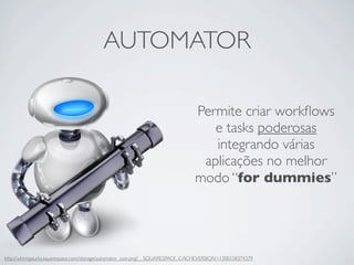 AUTOMATOR

                                                                              Permite criar work?ows
                                                                                 e tasks poderosas
                                                                                 integrando vrias
                                                                               aplica??es no melhor
                                                                              modo for dummies




http://whimsplucky.squarespace.com/storage/automator_icon.png?__SQUARESPACE_CACHEVERSION=1300158374379
 