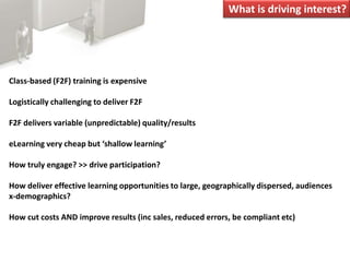 What is driving interest?Class-based (F2F) training is expensiveLogistically challenging to deliver F2FF2F delivers variable (unpredictable) quality/resultseLearning very cheap but ‘shallow learning’How truly engage? >> drive participation?How deliver effective learning opportunities to large, geographically dispersed, audiences x-demographics?How cut costs AND improve results (inc sales, reduced errors, be compliant etc)