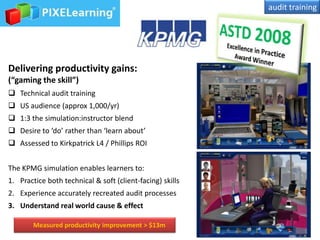 audit trainingMeasured productivity improvement > $13mASTD 2008Excellence in Practice Award WinnerDelivering productivity gains: (“gaming the skill”)Technical audit training