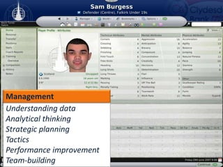 ManagementUnderstanding dataAnalytical thinkingStrategic planningTacticsPerformance improvementTeam-building