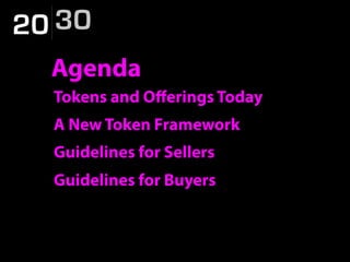 20 30
Agenda
Tokens and Oﬀerings Today
A New Token Framework
Guidelines for Sellers
Guidelines for Buyers
 