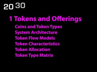 20 30
1 Tokens and Oﬀerings
Coins and Token Types
System Architecture
Token Flow Models
Token Characteristics
Token Alloca...