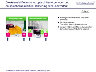 Die Auswahl-Buttons sind optisch hervorgehoben und
entsprechen durch ihre Platzierung dem Blickverlauf
Ihr Webshop mit den Augen des Kunden betrachtet | Frankfurt | 25.08.2013
 Auffällige Auswahl-Buttons sind leicht
erkennbar
 Blickregie optimiert:
Überschrift – Bild – Auswahl-Button
 Mengen-Feld in der Mitte im thematischen
Context der Auswahl-Buttons platziert
Entwurf
 